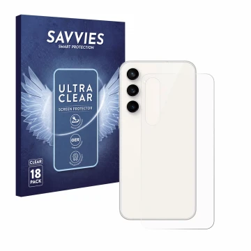 Face avant d’un emballage produit avec le logo de la marque Savvies. À côté, l’appareil Samsung Galaxy S23 FE (Arrière) est re