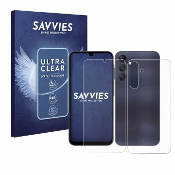 Face avant d’un emballage produit avec le logo de la marque Savvies. À côté, l’appareil Samsung Galaxy A25 5G (Avant+Arrière) 