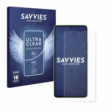 Face avant d’un emballage produit avec le logo de la marque Savvies. À côté, l’appareil Xiaomi Redmi Note 13 est représenté av