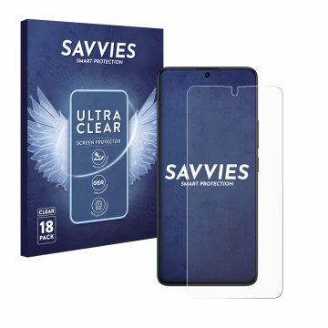 Face avant d’un emballage produit avec le logo de la marque Savvies. À côté, l’appareil Xiaomi Redmi Note 13 Pro 5G est représ
