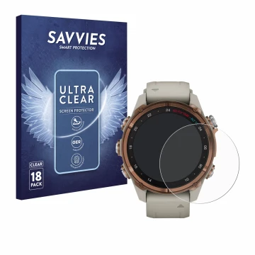 Face avant d’un emballage produit avec le logo de la marque Savvies. À côté, l’appareil Garmin Descent Mk3 (43 mm) est représe