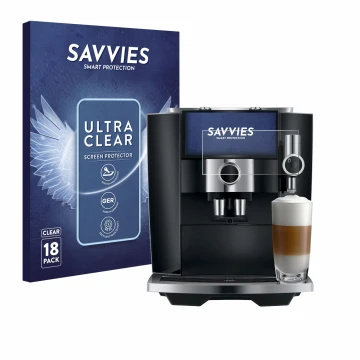 Face avant d’un emballage produit avec le logo de la marque Savvies. À côté, l’appareil Jura J8 twin est représenté avec la pr