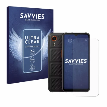 Face avant d’un emballage produit avec le logo de la marque Savvies. À côté, l’appareil Samsung Galaxy XCover 7 (Avant+Caméra)