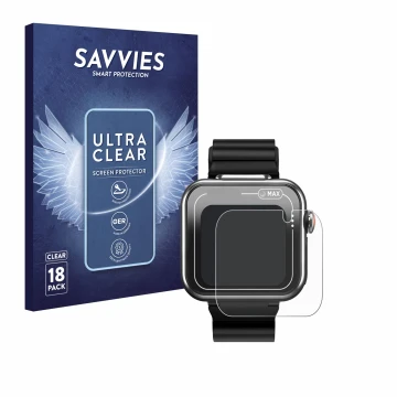 Face avant d’un emballage produit avec le logo de la marque Savvies. À côté, l’appareil Vtech Kidizoom Smartwatch MAX est repr
