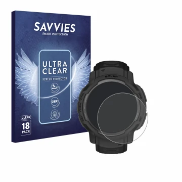 Face avant d’un emballage produit avec le logo de la marque Savvies. À côté, l’appareil Garmin Instinct Crossover AMOLED est r