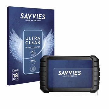 Face avant d’un emballage produit avec le logo de la marque Savvies. À côté, l’appareil iCarsoft CR Max BT (2024) est représen