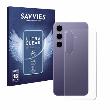 Face avant d’un emballage produit avec le logo de la marque Savvies. À côté, l’appareil Samsung Galaxy S24 (Arrière) est repré