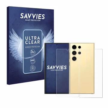Face avant d’un emballage produit avec le logo de la marque Savvies. À côté, l’appareil Samsung Galaxy S24 Ultra (case-friendl