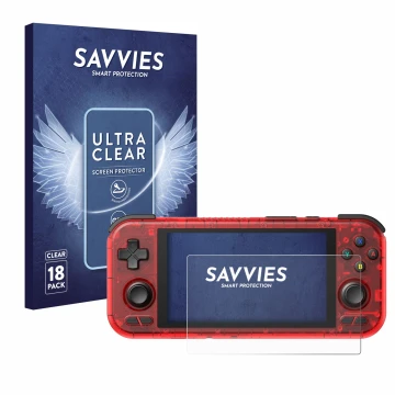 Face avant d’un emballage produit avec le logo de la marque Savvies. À côté, l’appareil Retroid Pocket 4 Pro est représenté av