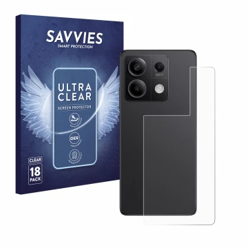 Face avant d’un emballage produit avec le logo de la marque Savvies. À côté, l’appareil Xiaomi Redmi Note 13 Pro 5G (Arrière) 