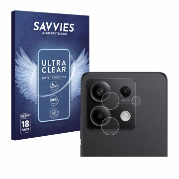 Face avant d’un emballage produit avec le logo de la marque Savvies. À côté, l’appareil Xiaomi Redmi Note 13 Pro 5G (Caméra UN