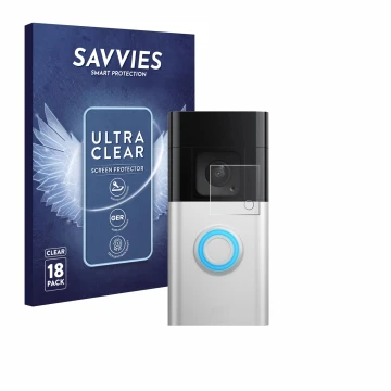 Face avant d’un emballage produit avec le logo de la marque Savvies. À côté, l’appareil Ring Video Doorbell Plus est représent