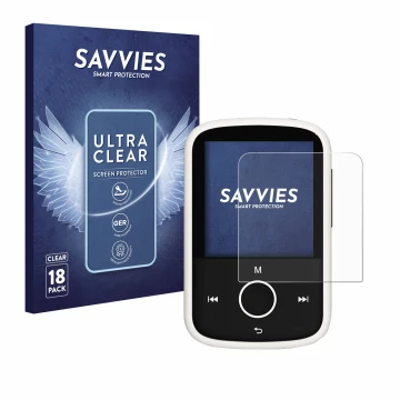 Face avant d’un emballage produit avec le logo de la marque Savvies. À côté, l’appareil Majority MP3 16GB est représenté avec 