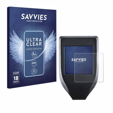 Face avant d’un emballage produit avec le logo de la marque Savvies. À côté, l’appareil Trezor Model T est représenté avec la 