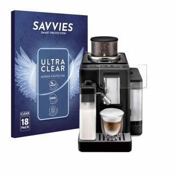 Face avant d’un emballage produit avec le logo de la marque Savvies. À côté, l’appareil DeLonghi Rivelia est représenté avec l