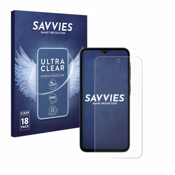Face avant d’un emballage produit avec le logo de la marque Savvies. À côté, l’appareil Samsung Galaxy A35 5G est représenté a
