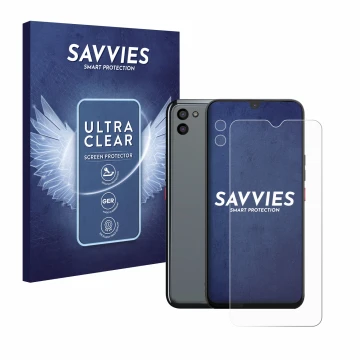 Face avant d’un emballage produit avec le logo de la marque Savvies. À côté, l’appareil Gigaset GS5 PRO SE (Avant+Caméra) est 