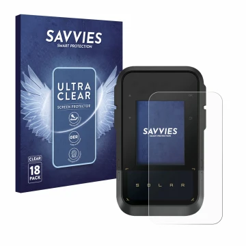 Face avant d’un emballage produit avec le logo de la marque Savvies. À côté, l’appareil Garmin eTrex Solar est représenté avec