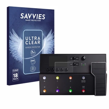 Face avant d’un emballage produit avec le logo de la marque Savvies. À côté, l’appareil Line 6 POD Go est représenté avec la p