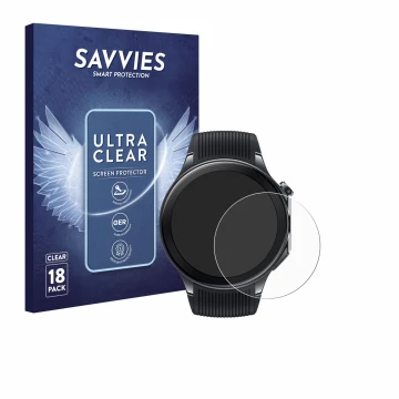 Face avant d’un emballage produit avec le logo de la marque Savvies. À côté, l’appareil OnePlus Watch 2 est représenté avec la