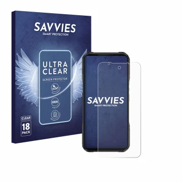 Face avant d’un emballage produit avec le logo de la marque Savvies. À côté, l’appareil Doogee V20S est représenté avec la pro