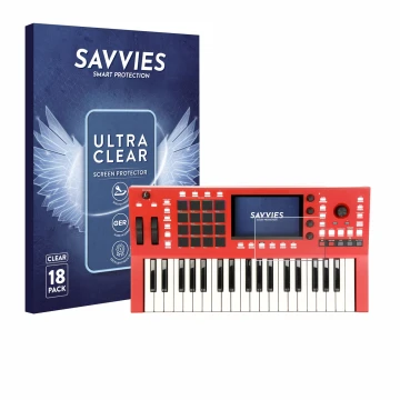 Face avant d’un emballage produit avec le logo de la marque Savvies. À côté, l’appareil Akai Professional MPC Key 37 est repré