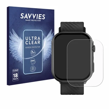 Face avant d’un emballage produit avec le logo de la marque Savvies. À côté, l’appareil Yuede Smartwatch 2