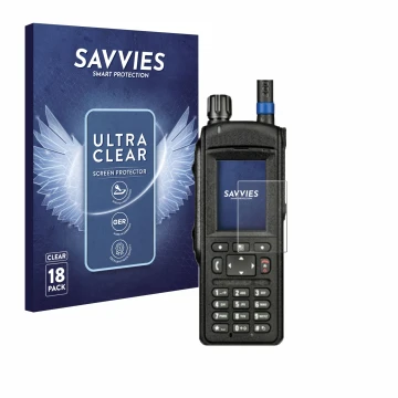 Face avant d’un emballage produit avec le logo de la marque Savvies. À côté, l’appareil Motorola MTP6650 est représenté avec l