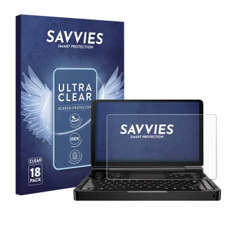 Face avant d’un emballage produit avec le logo de la marque Savvies. À côté, l’appareil GPD Win Mini (2024) est représenté ave