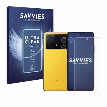 Face avant d’un emballage produit avec le logo de la marque Savvies. À côté, l’appareil Xiaomi Poco X6 Pro (Avant+Caméra) est 