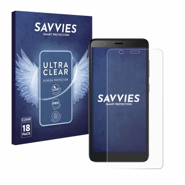 Face avant d’un emballage produit avec le logo de la marque Savvies. À côté, l’appareil ZTE Blade A32 est représenté avec la p