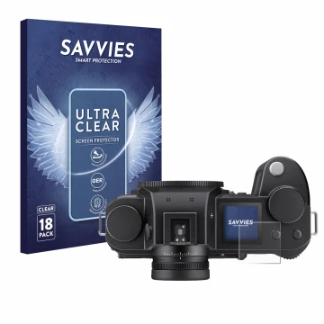 Face avant d’un emballage produit avec le logo de la marque Savvies. À côté, l’appareil Leica SL3 (affichage des épaules) est 