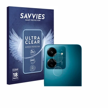 Face avant d’un emballage produit avec le logo de la marque Savvies. À côté, l’appareil Xiaomi Redmi 13C (Caméra UNIQUEMENT) e
