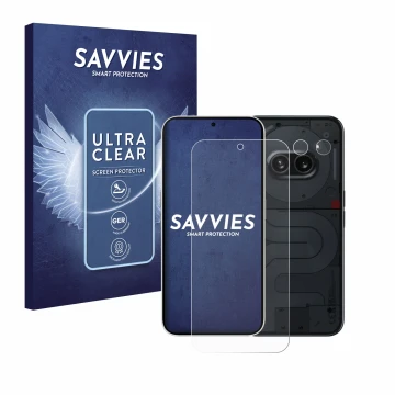 Face avant d’un emballage produit avec le logo de la marque Savvies. À côté, l’appareil Nothing Phone (2a) (Avant+Caméra) est 
