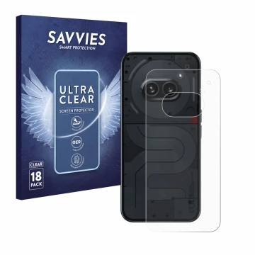 Face avant d’un emballage produit avec le logo de la marque Savvies. À côté, l’appareil Nothing Phone (2a) (Arrière) est repré