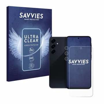 Face avant d’un emballage produit avec le logo de la marque Savvies. À côté, l’appareil Samsung Galaxy A55 5G (Avant+Caméra) e