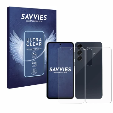 Face avant d’un emballage produit avec le logo de la marque Savvies. À côté, l’appareil Samsung Galaxy A55 5G (Avant+Arrière) 