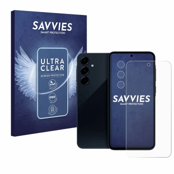 Face avant d’un emballage produit avec le logo de la marque Savvies. À côté, l’appareil Samsung Galaxy A35 5G (Avant+Caméra) e