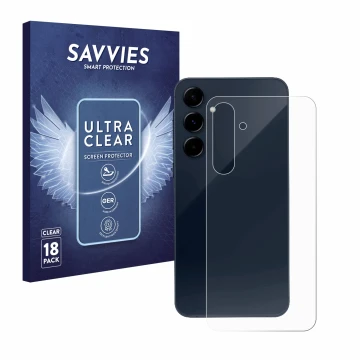 Face avant d’un emballage produit avec le logo de la marque Savvies. À côté, l’appareil Samsung Galaxy A35 5G (Arrière) est re