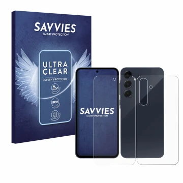 Face avant d’un emballage produit avec le logo de la marque Savvies. À côté, l’appareil Samsung Galaxy A35 5G (Avant+Arrière) 