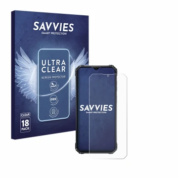 Face avant d’un emballage produit avec le logo de la marque Savvies. À côté, l’appareil Oukitel WP36 est représenté avec la pr
