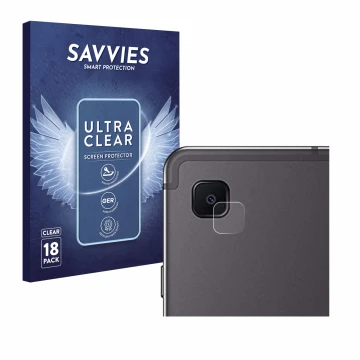 Face avant d’un emballage produit avec le logo de la marque Savvies. À côté, l’appareil Samsung Galaxy Tab S6 Lite WiFi 2024 (