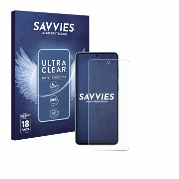 Face avant d’un emballage produit avec le logo de la marque Savvies. À côté, l’appareil Samsung Galaxy M55 est représenté avec