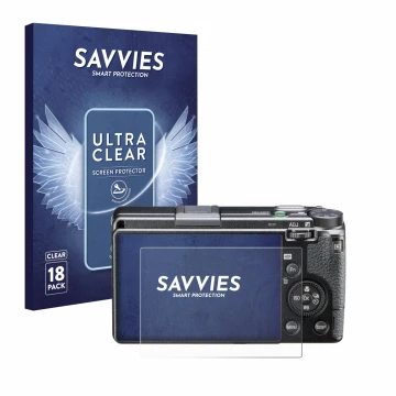 Face avant d’un emballage produit avec le logo de la marque Savvies. À côté, l’appareil Ricoh GR IIIx HDF est représenté avec 