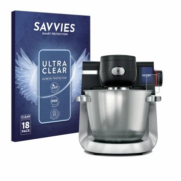 Face avant d’un emballage produit avec le logo de la marque Savvies. À côté, l’appareil Bosch MUM Serie 6 est représenté avec 