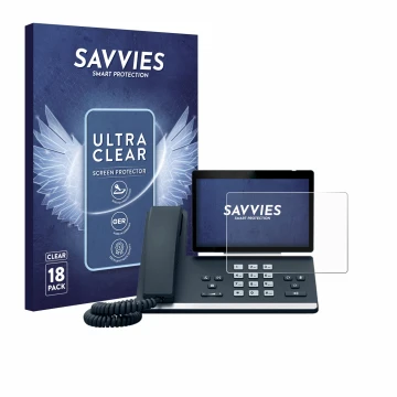 Face avant d’un emballage produit avec le logo de la marque Savvies. À côté, l’appareil Yealink SIP-T57W est représenté avec l