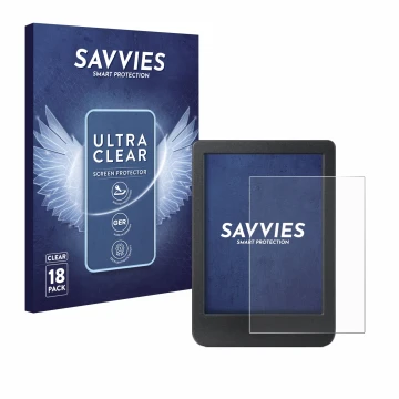 Face avant d’un emballage produit avec le logo de la marque Savvies. À côté, l’appareil Kobo Clara BW est représenté avec la p