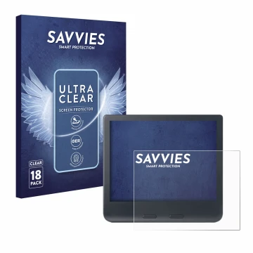 Face avant d’un emballage produit avec le logo de la marque Savvies. À côté, l’appareil Kobo Libra Colour 2024 est représenté 