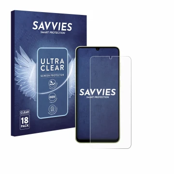 Face avant d’un emballage produit avec le logo de la marque Savvies. À côté, l’appareil Samsung Galaxy A05 est représenté avec
