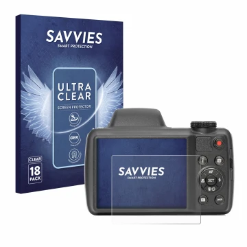 Face avant d’un emballage produit avec le logo de la marque Savvies. À côté, l’appareil Kodak Pixpro AZ528 est représenté avec